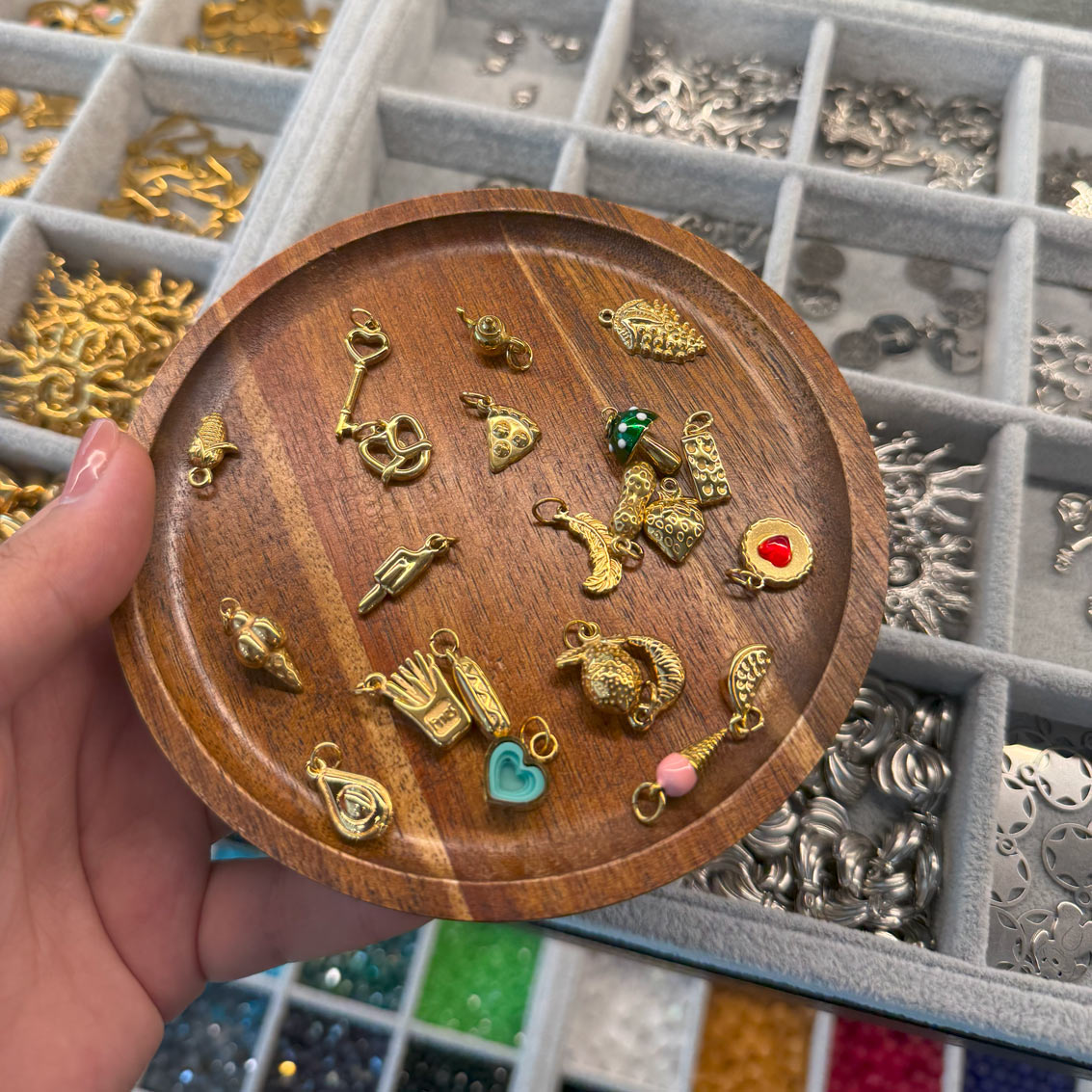 Choice of jewelry charms in Prague souvenir shop