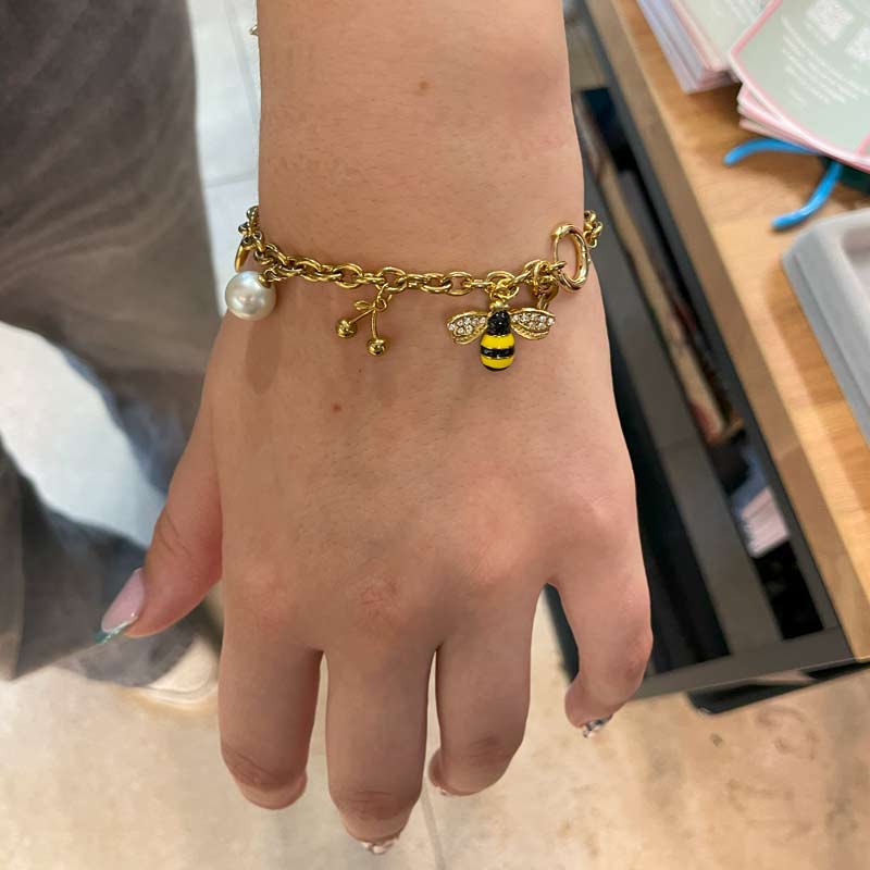 Close-up of unique jewelry charm bracelet made at Charm Bar Prague
